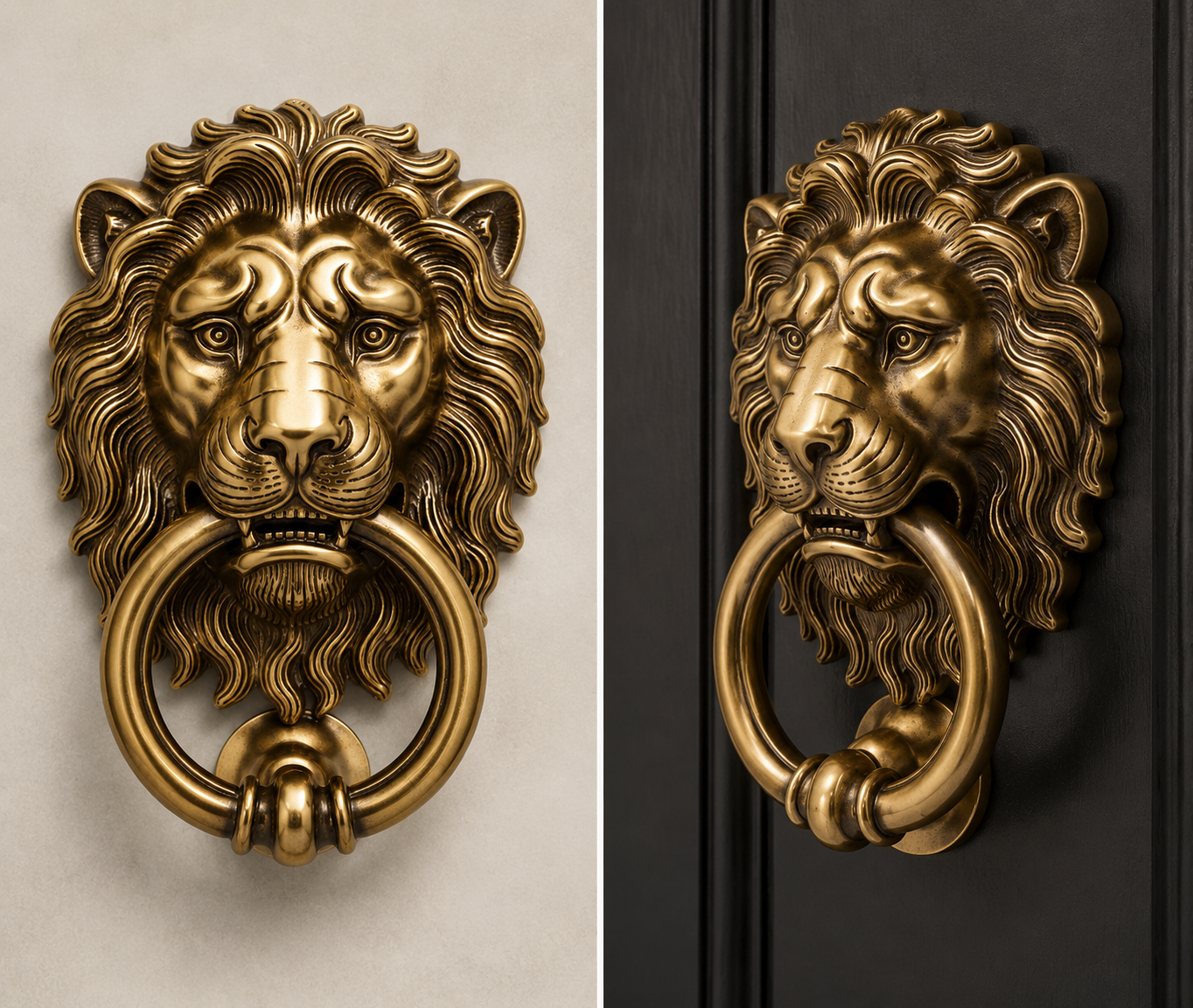 Solid brass lion head door knocker